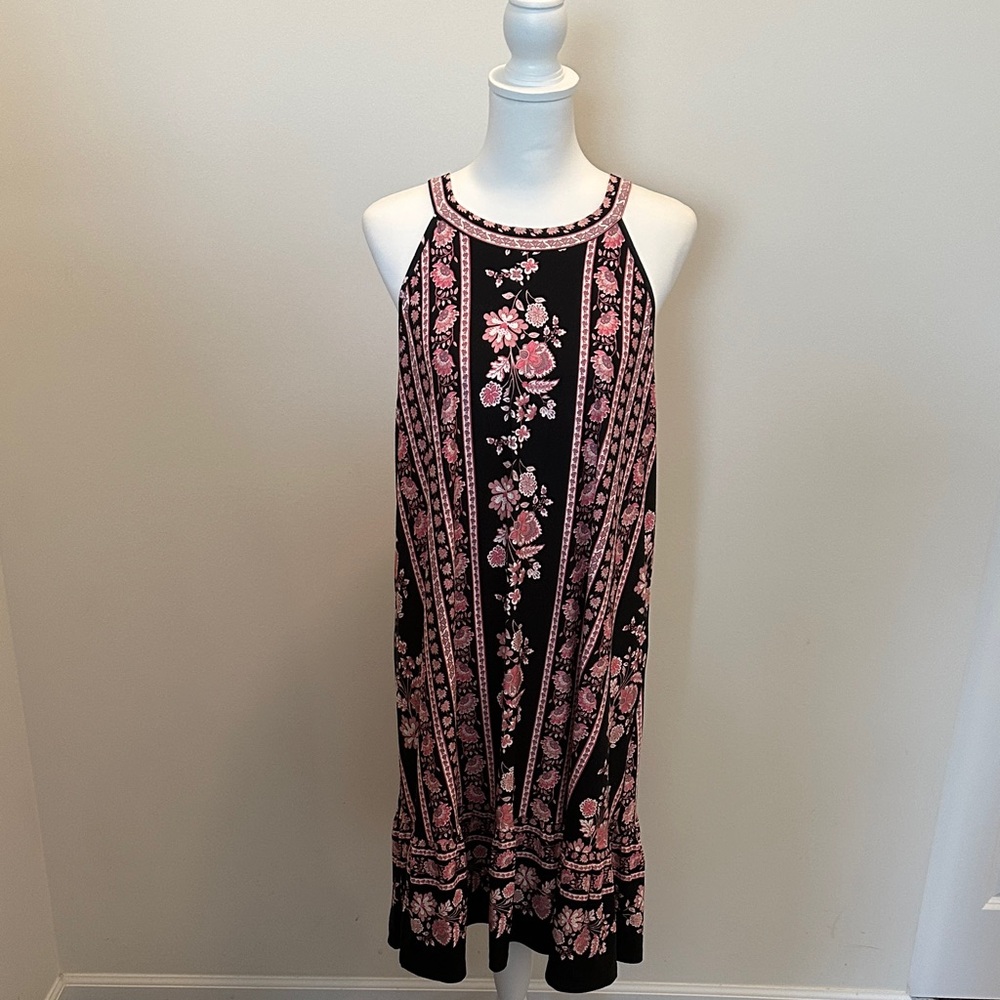 LOFT Black and Pink Floral Midi Dress